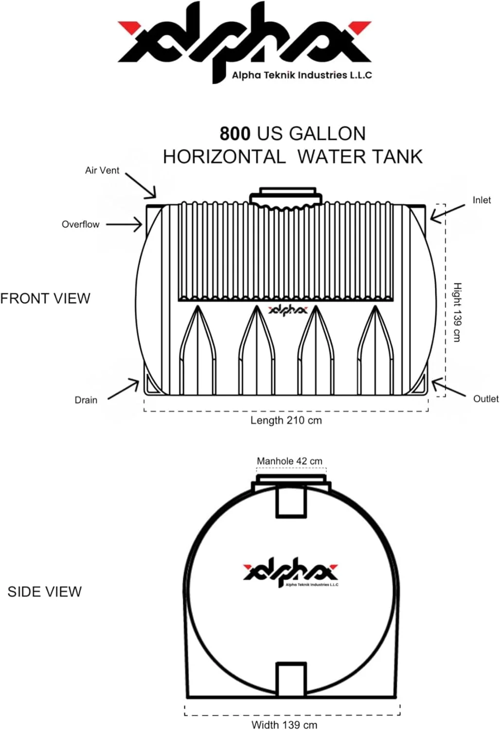 مخزن آب پلی اتیلن افقی آلفا تکنیک با ظرفیت 800 گالن آمریکایی (3040 لیتر) | 3 لایه | 5 سال گارانتی | ساخت امارات متحده عربی