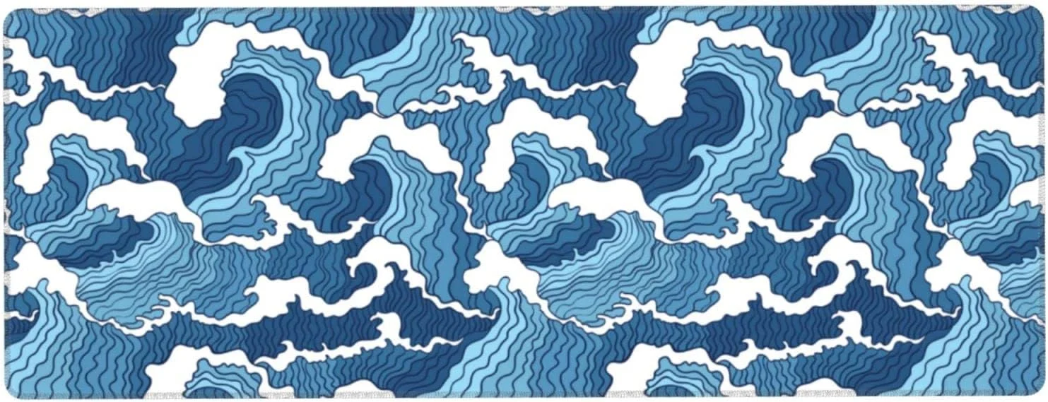 ماوس پد بزرگ طرح موج ژاپنی آبی و سفید Siski، ابعاد 80x30 سانتی متر، پد ماوس رومیزی بزرگ غیر لغزنده با پایه لاستیکی ضد آب و لبه های دوخته شده برای بازی و کار