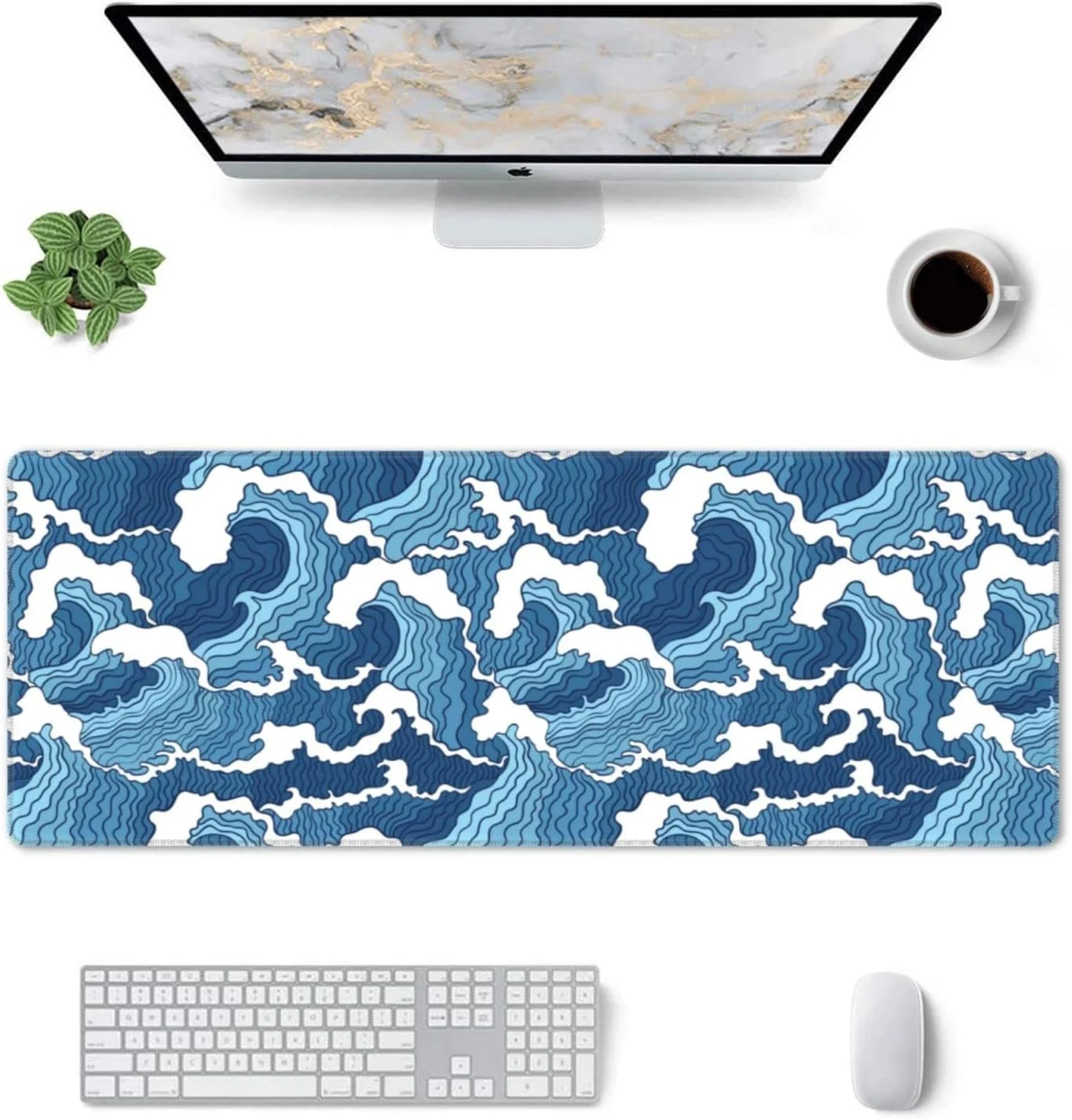 ماوس پد بزرگ طرح موج ژاپنی آبی و سفید Siski، ابعاد 80x30 سانتی متر، پد ماوس رومیزی بزرگ غیر لغزنده با پایه لاستیکی ضد آب و لبه های دوخته شده برای بازی و کار