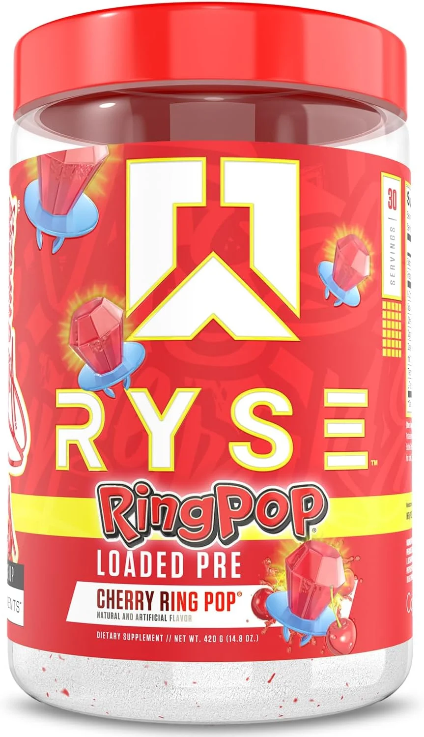 پودر مکمل قبل از تمرین RYSE Up برای مردان و زنان | پمپ، انرژی، تمرکز | بتا آلانین + سیترولین | 390 میلی گرم کافئین | 30 سروینگ (چری رینگ پاپ)