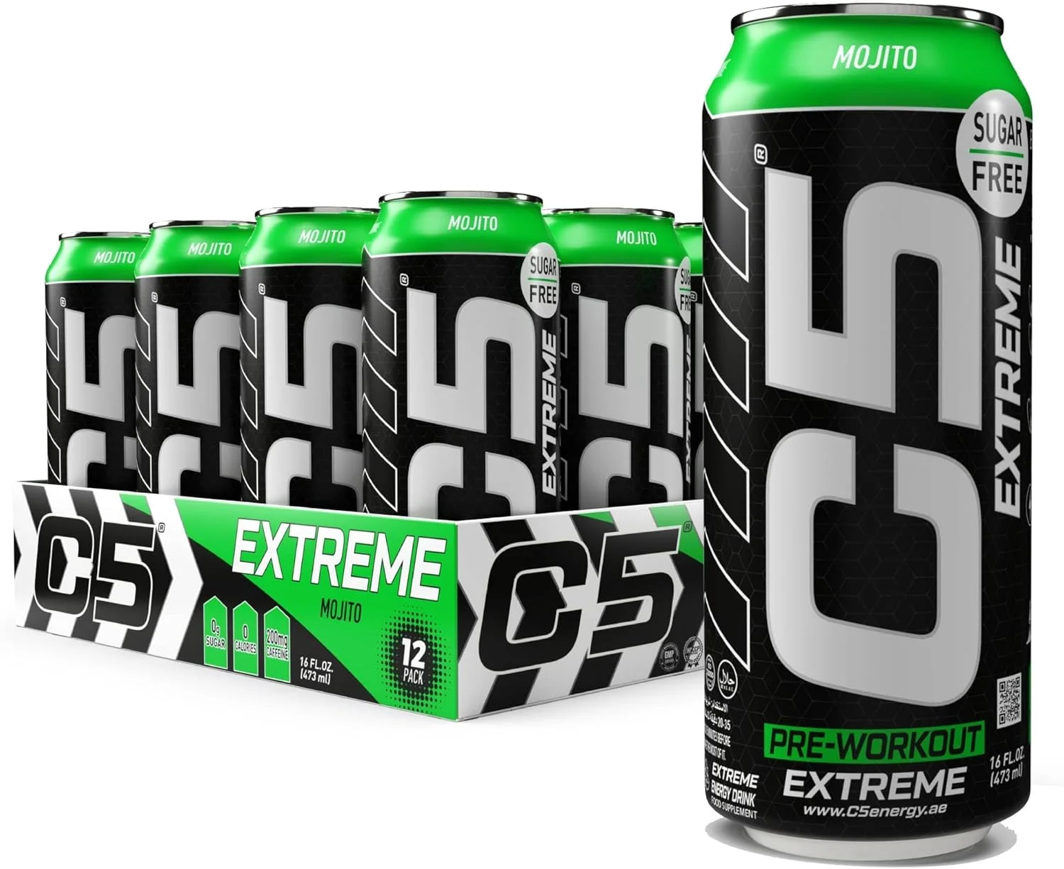 نوشیدنی انرژی زا C5 Extreme، قبل از تمرین، 200 میلی گرم کافئین، بدون شکر، بدون کالری با بتا آلانین، ال-آرژنین 473 میلی لیتر، مکمل قبل از تمرین (جعبه کامل 12 قوطی، موهیتو)