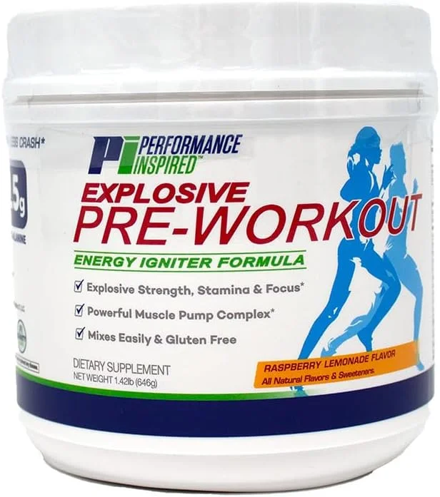 پودر مکمل قبل از تمرین Performance Inspired Nutrition - کاملا طبیعی - فرمول بدون گلوتن و گیاهی - حاوی سیترولین - نیتروسیژین - چای سبز - آرژنین - بتا آلانین - طعم تمشک لیموناد - 676 گرم