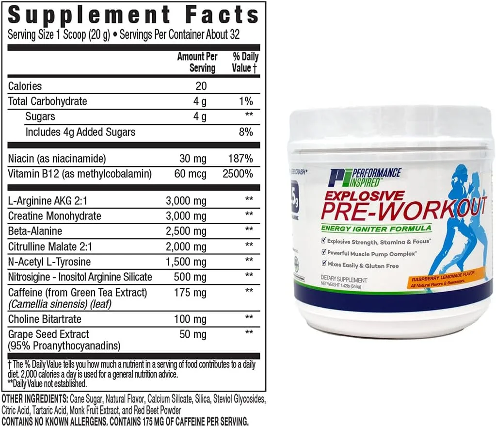 پودر مکمل قبل از تمرین Performance Inspired Nutrition - کاملا طبیعی - فرمول بدون گلوتن و گیاهی - حاوی سیترولین - نیتروسیژین - چای سبز - آرژنین - بتا آلانین - طعم تمشک لیموناد - 676 گرم پودر مکمل قبل از تمرین Performance Inspired Nutrition - کاملا طبیعی - فرمول بدون گلوتن و گیاهی - حاوی سیترولین - نیتروسیژین - چای سبز - آرژنین - بتا آلانین - طعم تمشک لیموناد - 676 گرم