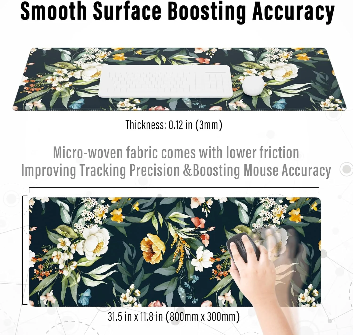 ماوس پد گیمینگ Ovenbird، گل صد تومانی قدیمی مشکی، پلی استر میکروفیبر و لاستیک، مستطیلی، 80x30 سانتی متر، XL، مشکی