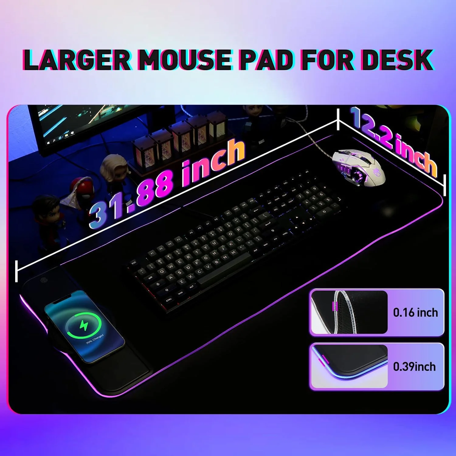 پد ماوس شارژ بی‌سیم NALACAL، 31.88" 12.2" پد ماوس گیمینگ RGB LED ارگونومیک با تکیه‌گاه مچ، پد گیمینگ LED بزرگ RGB برای بازی، مک‌بوک، کامپیوتر شخصی، لپ‌تاپ، میز