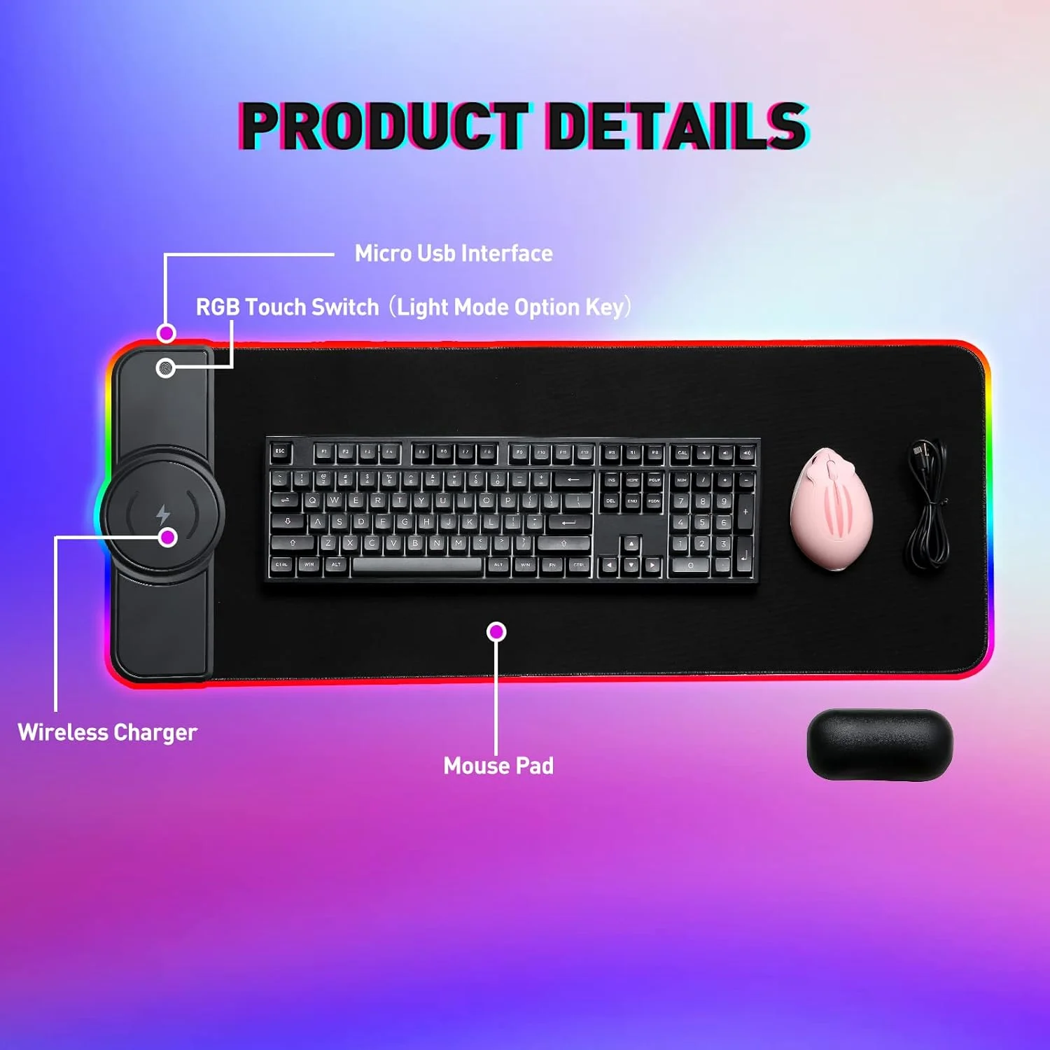 پد ماوس شارژ بی‌سیم NALACAL، 31.88" 12.2" پد ماوس گیمینگ RGB LED ارگونومیک با تکیه‌گاه مچ، پد گیمینگ LED بزرگ RGB برای بازی، مک‌بوک، کامپیوتر شخصی، لپ‌تاپ، میز
