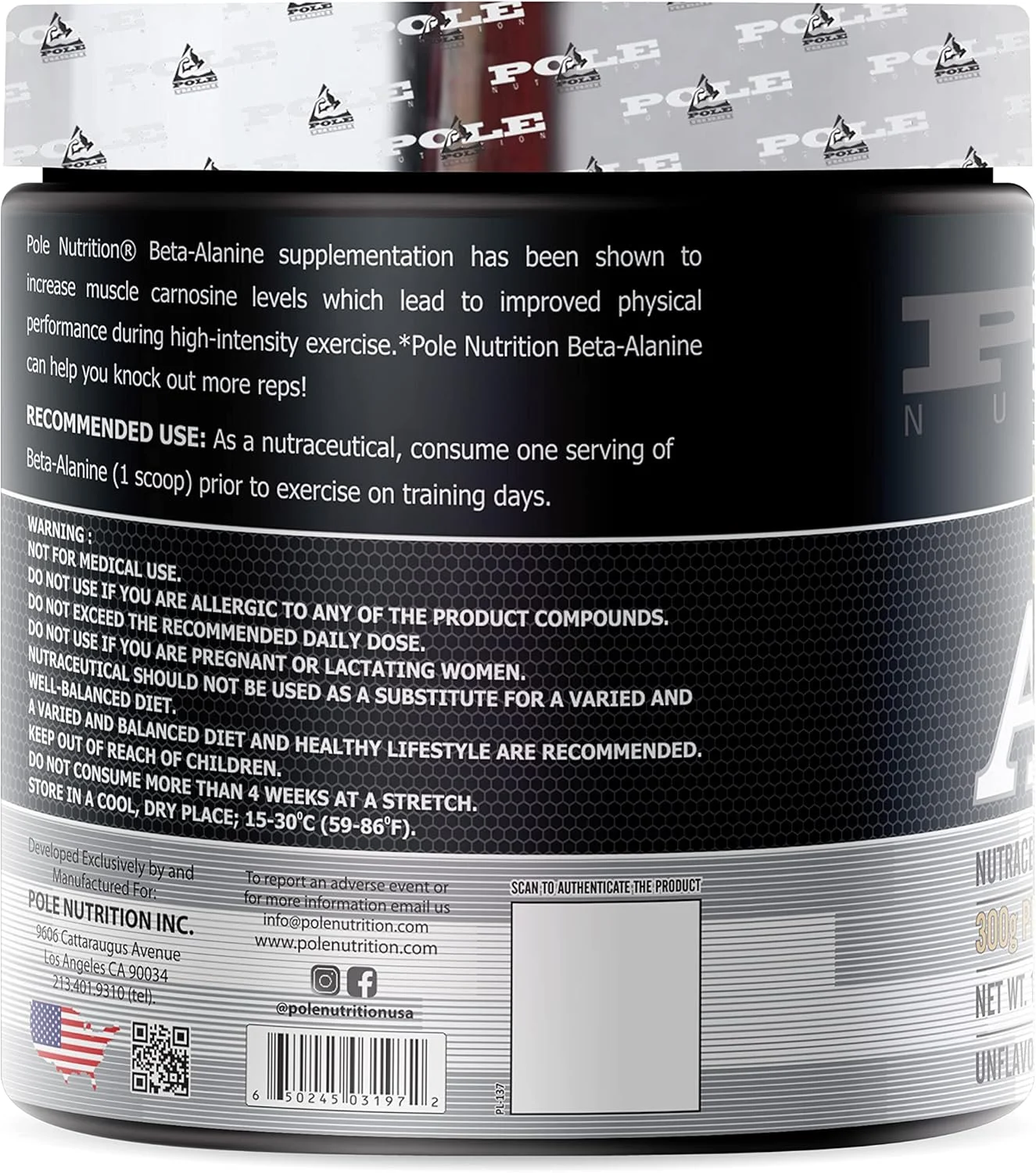 بتا آلانین Pole Nutrition | بدون طعم، 300 گرم، 75 سروینگ بتا آلانین Pole Nutrition | بدون طعم، 300 گرم، 75 سروینگ