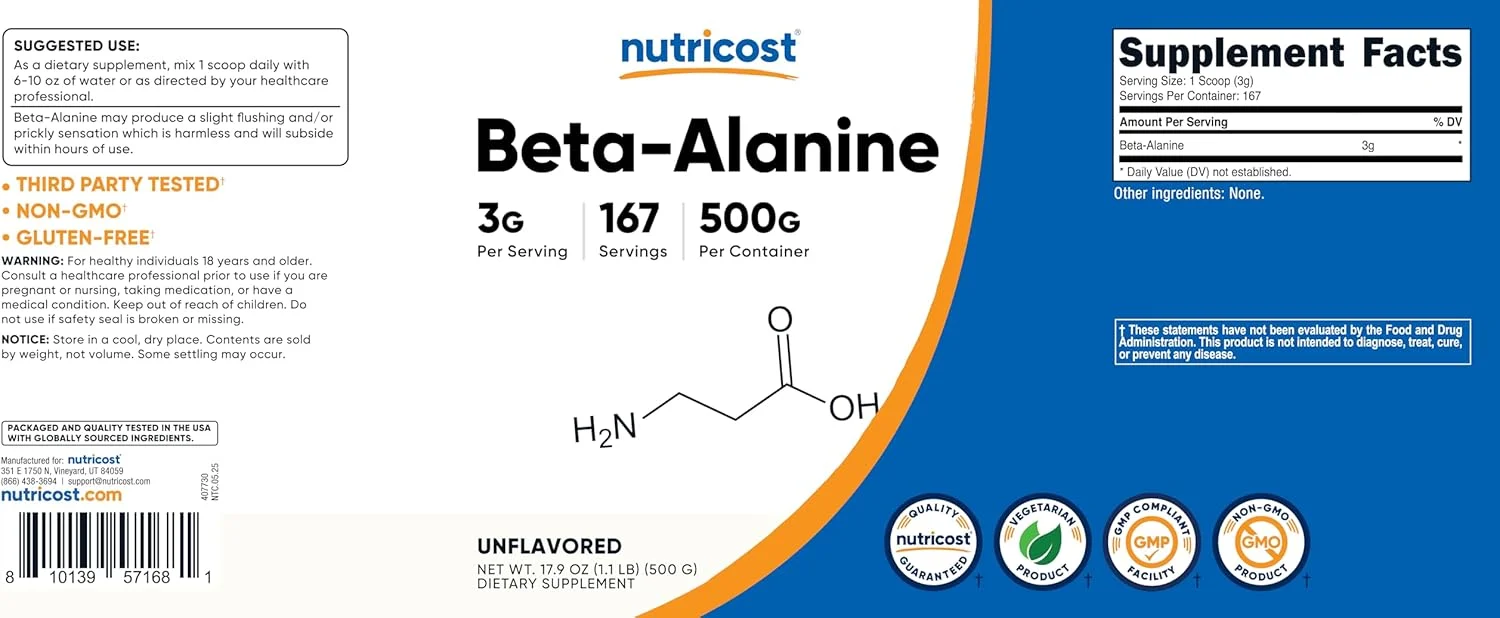 پودر بتا آلانین Nutricost - بتا آلانین خالص، بدون گلوتن و غیر GMO پودر بتا آلانین Nutricost - بتا آلانین خالص، بدون گلوتن و غیر GMO