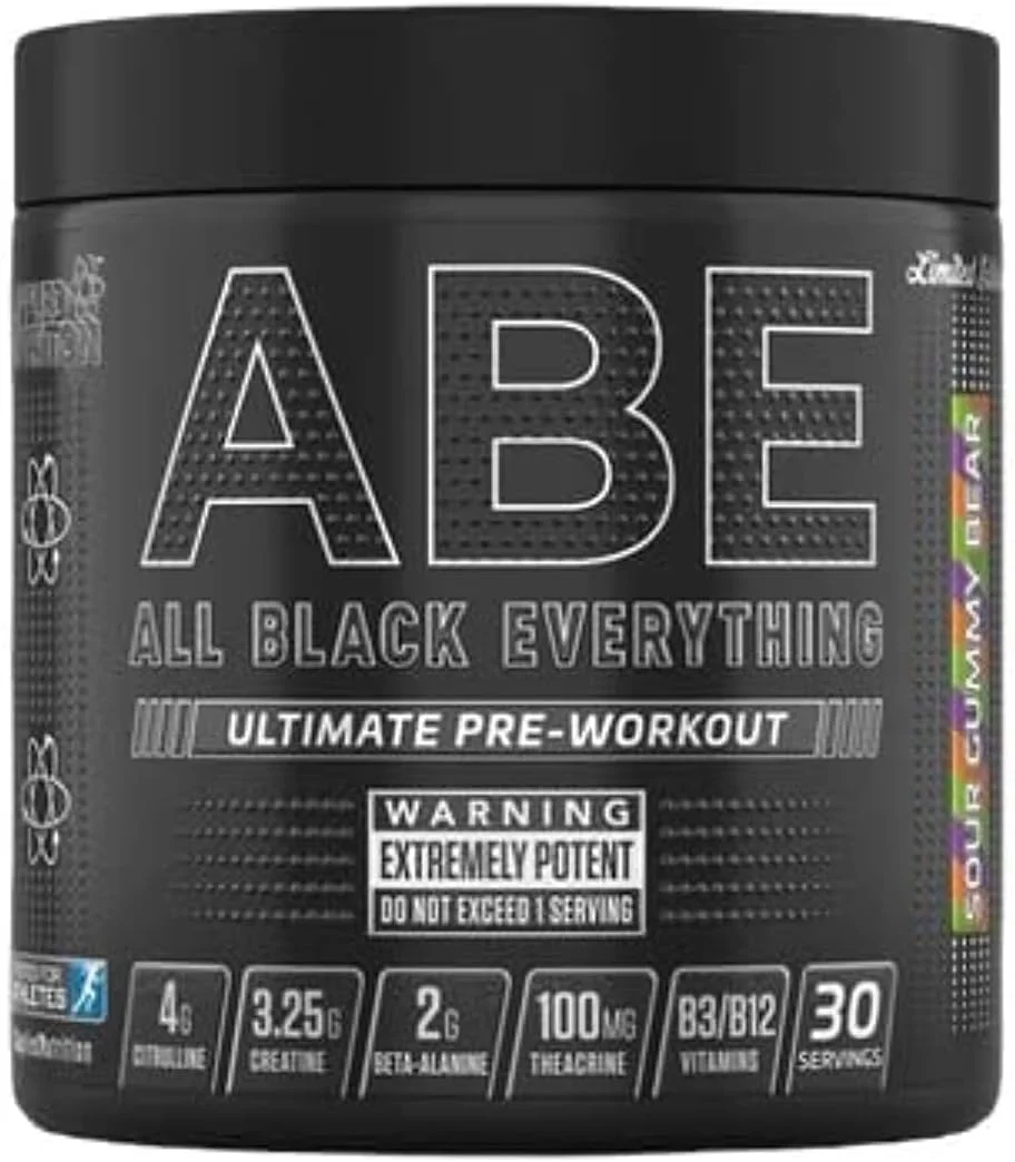 پودر مکمل قبل از تمرین Applied Nutrition ABE All Black Everything، انرژی، عملکرد فیزیکی با سیترولین، کراتین، بتا آلانین، کافئین، کمپلکس ویتامین B، 315 گرم، 30 سروینگ (پاستیل خرسی ترش)