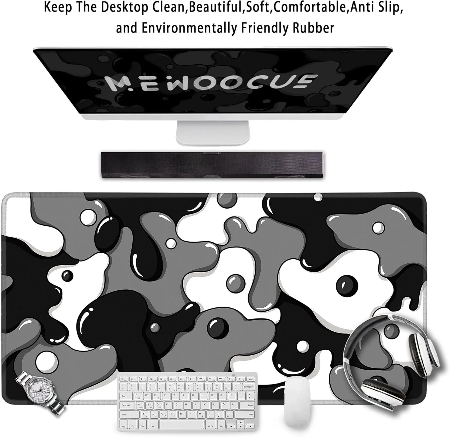 پد ماوس گیمینگ MEWOOCUE® برای میز، پد ماوس بزرگ و زیبا مشکی سفید برای لپ تاپ، پد ماوس انیمه خاکستری ژاپنی، پد صفحه کلید ضد آب بلند XXL، پد ماوس بزرگ ضد لغزش برای بازی، دفتر کار، خانه (80x40 سانتی متر)