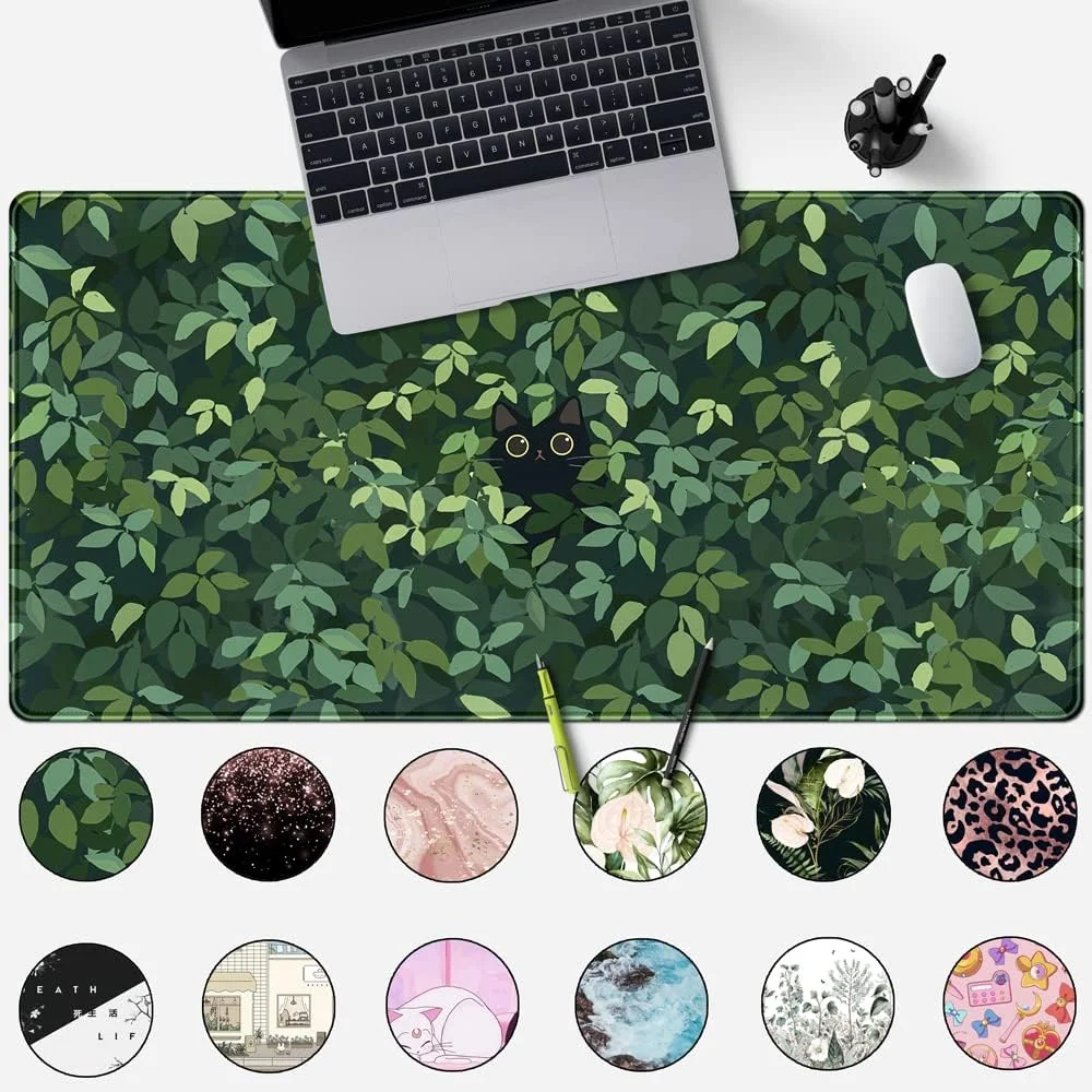 پد موس مکانیکی طرح گاو، گربه و موش، پد رومیزی زیبا، پد بازی بزرگ کاوایی سبز رنگ برای موس، صفحه کلید کامپیوتر، لپ تاپ بزرگ انیمه XL (80x40 سانتی متر) - با پایه ضد لغزش و لبه های دوخته شده (WK-ke-151)