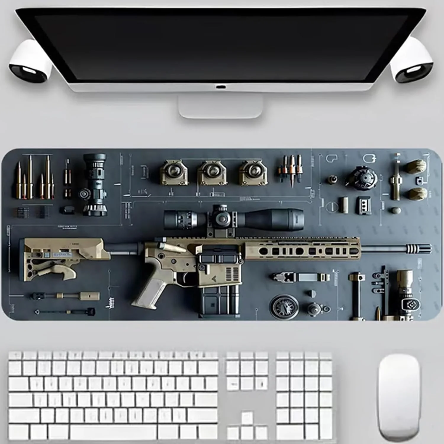 ماوس پد بزرگ طرح نظامی با قطعات سلاح، پد ماوس قطعات نظامی، با لاستیک ضد لغزش، مناسب برای لپ تاپ و کامپیوتر (مدل B، 40 × 90 سانتی متر)