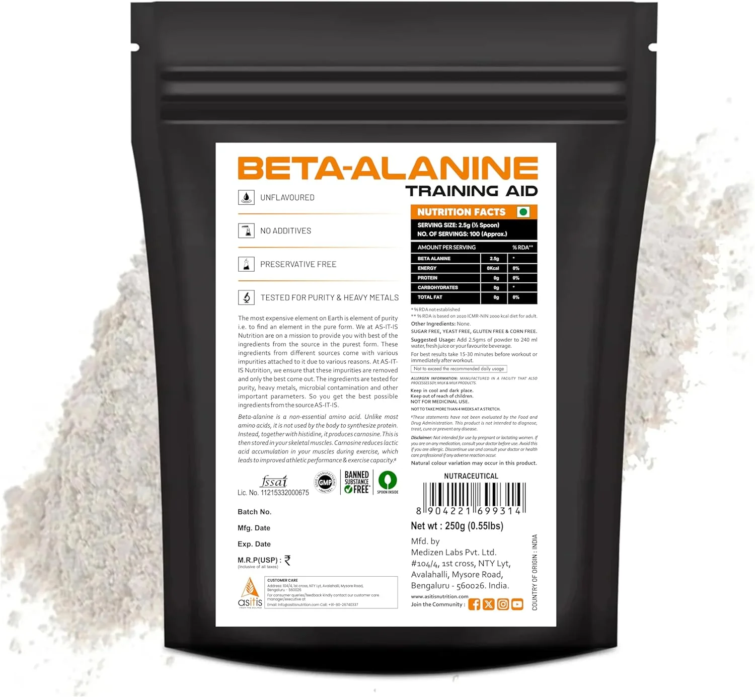 پودر بتا آلانین خالص AS-IT-IS Nutrition، افزایش ظرفیت تمرین/کاهش خستگی عضلانی، تست شده برای خلوص - 250 گرم پودر بتا آلانین خالص AS-IT-IS Nutrition، افزایش ظرفیت تمرین/کاهش خستگی عضلانی، تست شده برای خلوص - 250 گرم