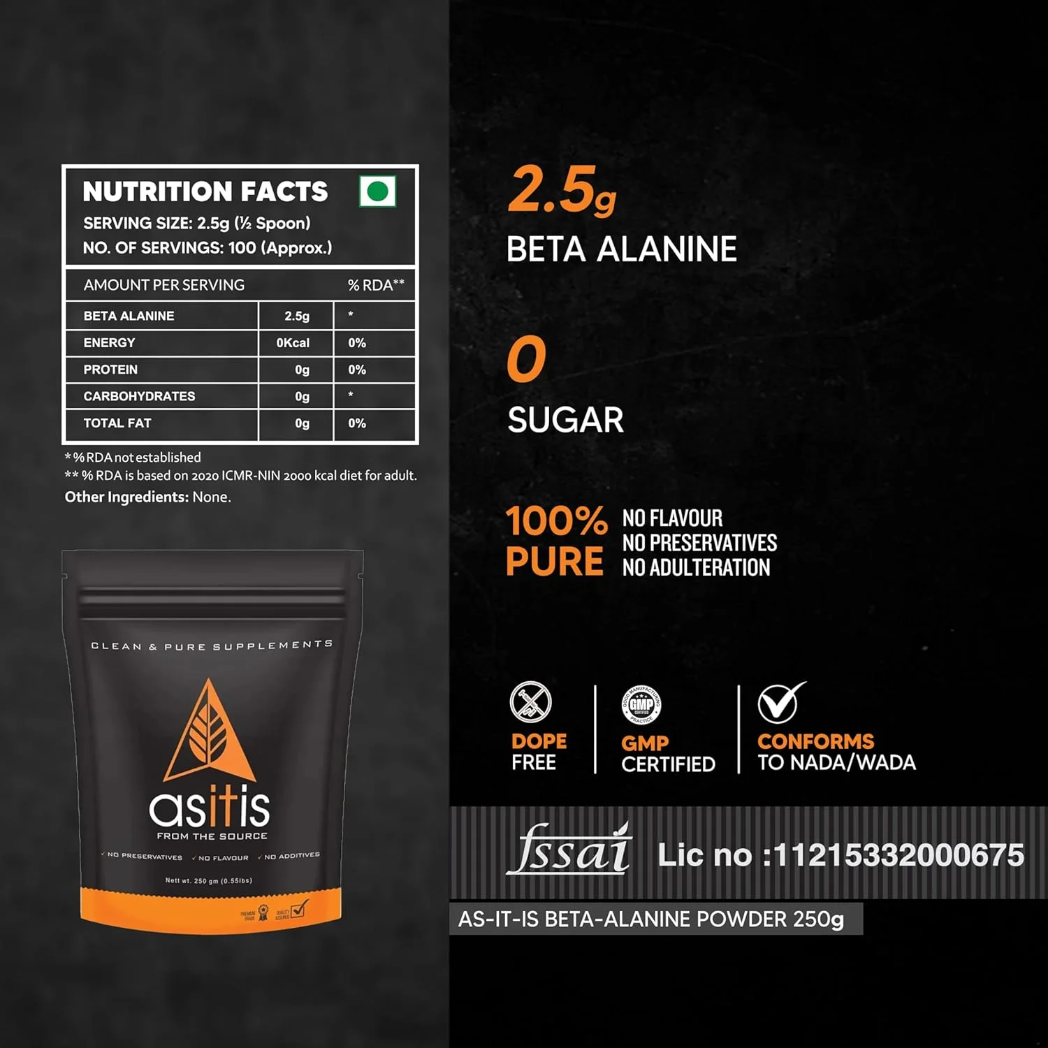 پودر بتا آلانین خالص AS-IT-IS Nutrition، افزایش ظرفیت تمرین/کاهش خستگی عضلانی، تست شده برای خلوص - 250 گرم پودر بتا آلانین خالص AS-IT-IS Nutrition، افزایش ظرفیت تمرین/کاهش خستگی عضلانی، تست شده برای خلوص - 250 گرم