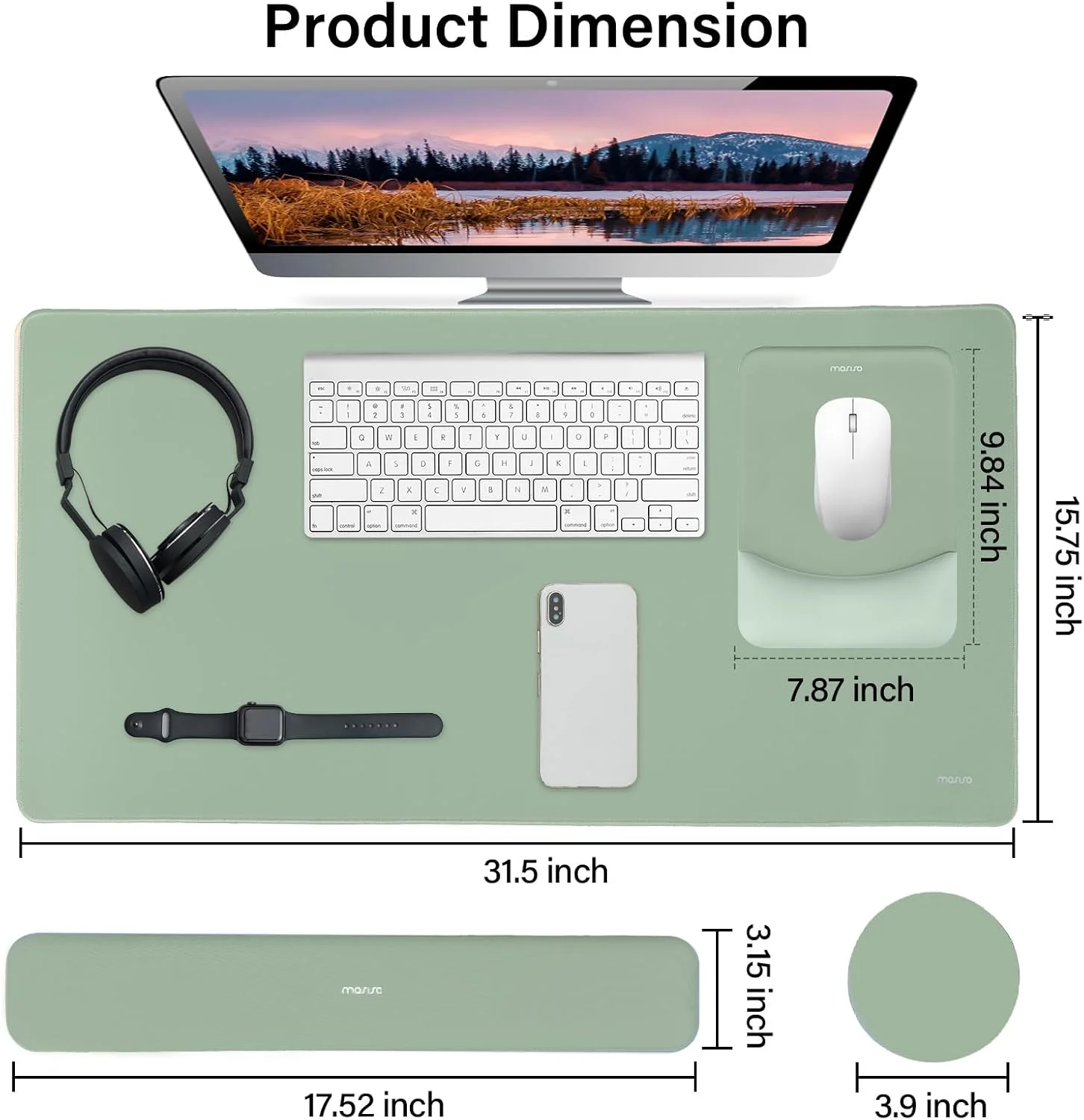 ست پد ماوس و کیبورد MOSISO، پد ماوس بزرگ گیمینگ و استراحتگاه مچ دست کیبورد مستطیلی و پد ماوس با استراحتگاه مچ دست و زیر لیوانی، پد ماوس ارگونومیک ضد لغزش و پد تایپ آسان با فوم حافظه دار منحنی، سبز عتیقه
