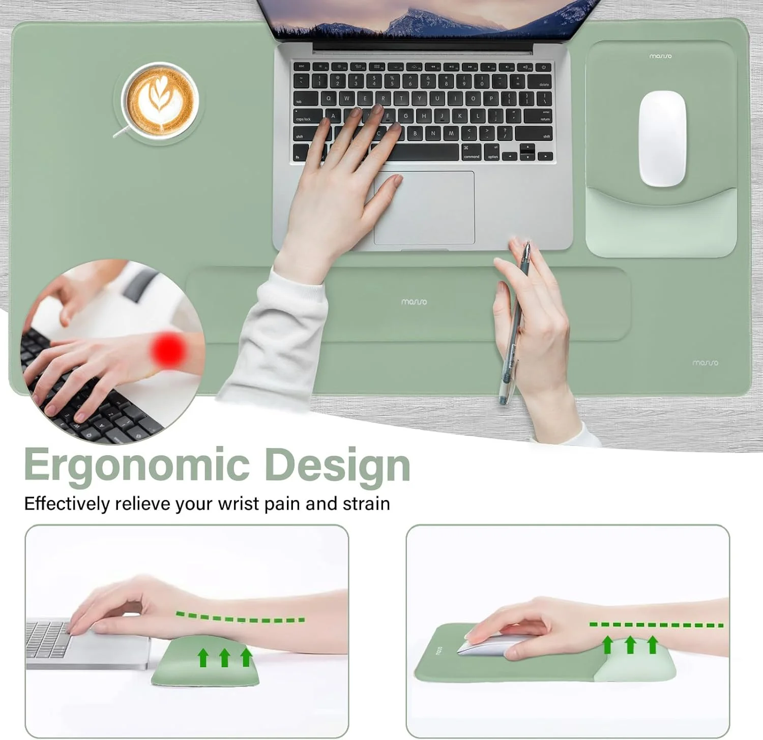 ست پد ماوس و کیبورد MOSISO، پد ماوس بزرگ گیمینگ و استراحتگاه مچ دست کیبورد مستطیلی و پد ماوس با استراحتگاه مچ دست و زیر لیوانی، پد ماوس ارگونومیک ضد لغزش و پد تایپ آسان با فوم حافظه دار منحنی، سبز عتیقه