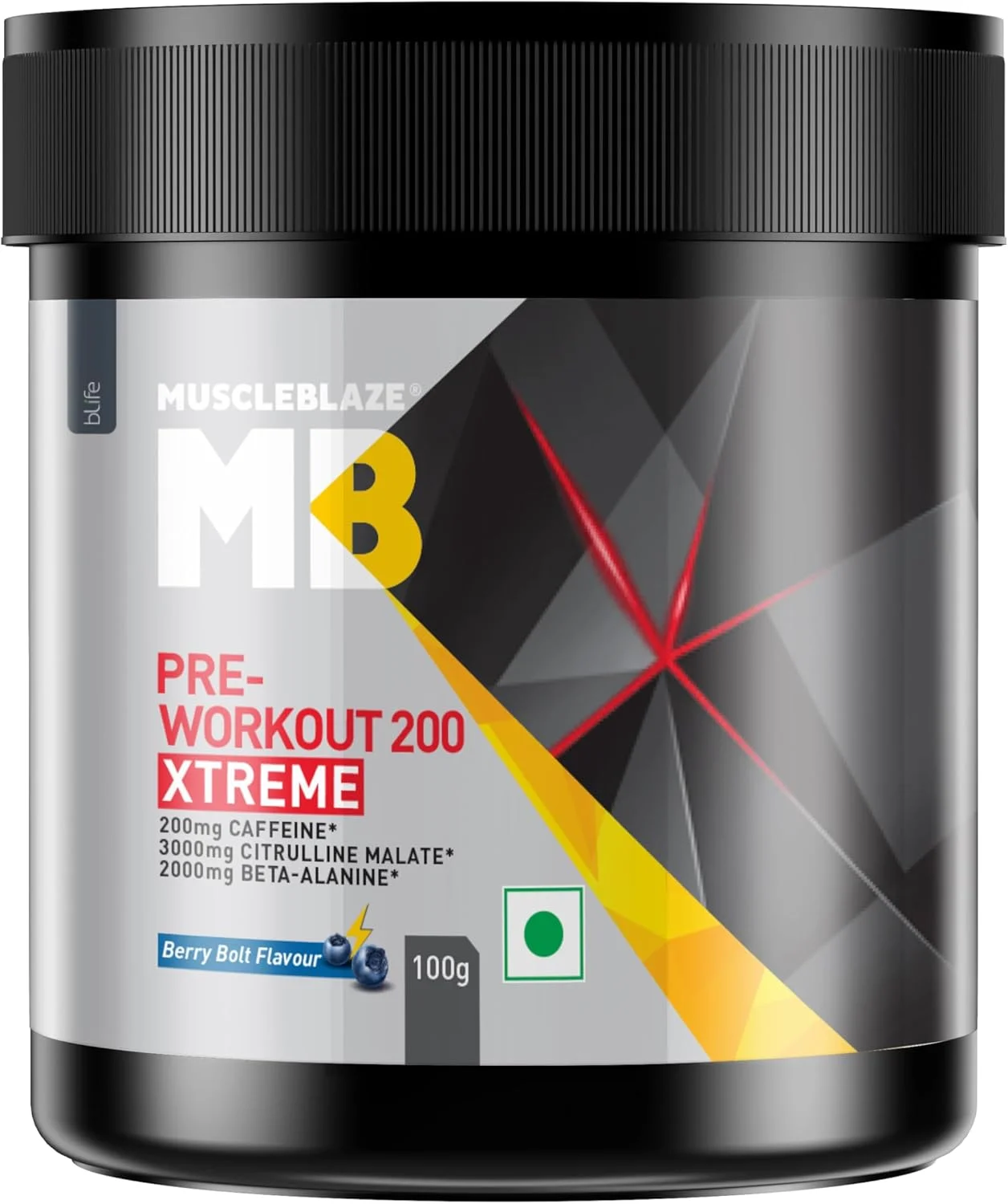 مکمل قبل از تمرین MuscleBlaze 200 Xtreme، 200 میلی گرم کافئین، 200 میلی گرم تیانین، 2000 میلی گرم بتا آلانین، 3000 میلی گرم سیترولین (بری بولت، 100 گرم، 15 سروینگ)، پودر، بسته 1 عددی