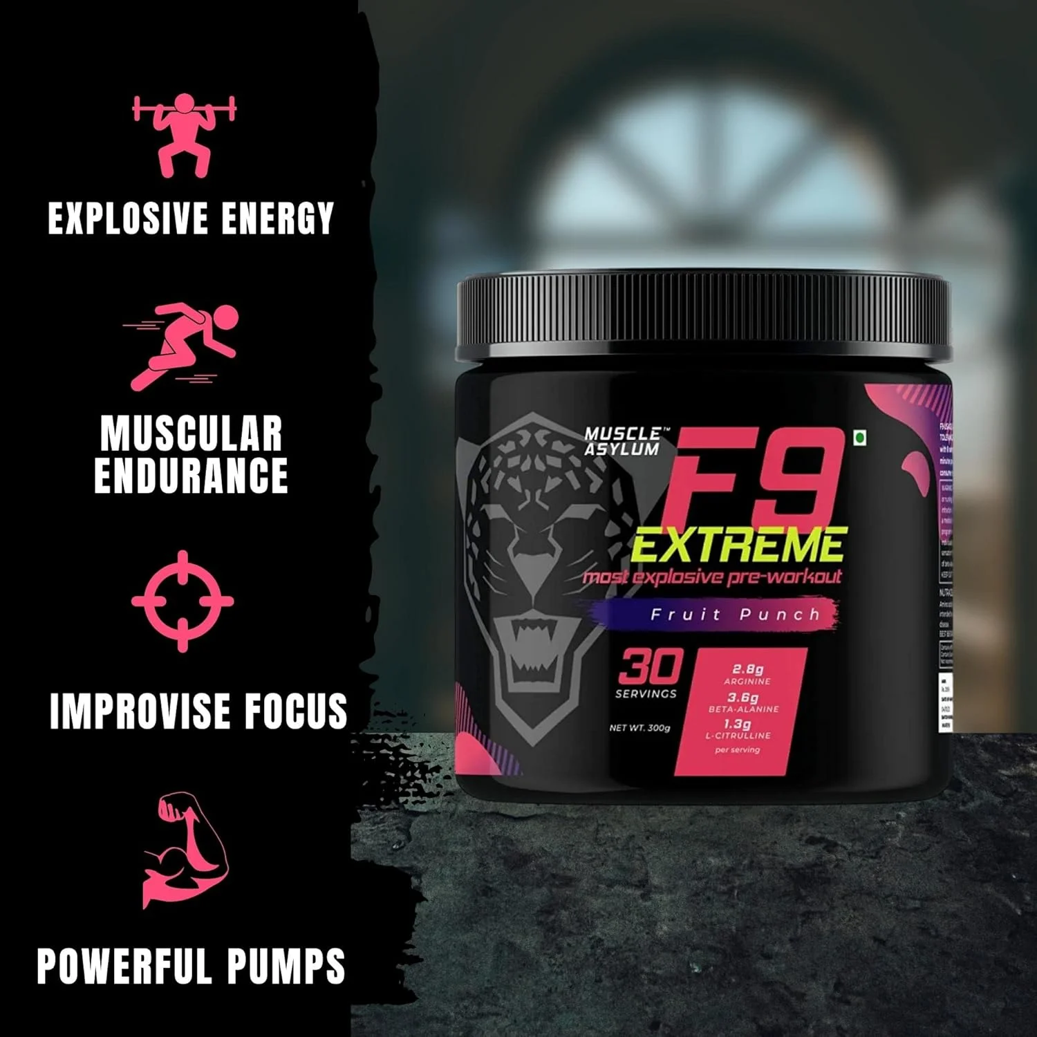 مکمل انرژی قبل از تمرین ماسل آسایلوم F9 اکستریم | کافئین بالا + بتا آلانین + EAA - بدون کراتین - 30 سروینگ، 300 گرم + بسته آزمایشی رایگان (پانچ میوه) مکمل انرژی قبل از تمرین ماسل آسایلوم F9 اکستریم | کافئین بالا + بتا آلانین + EAA - بدون کراتین - 30 سروینگ، 300 گرم + بسته آزمایشی رایگان (پانچ میوه)