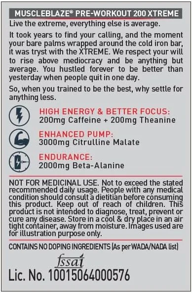 مکمل قبل از تمرین MuscleBlaze 200 Xtreme، 200 میلی گرم کافئین، 200 میلی گرم تیانین، 2000 میلی گرم بتا آلانین، 3000 میلی گرم سیترولین (بری بولت، 100 گرم، 15 سروینگ)، پودر، بسته 1 عددی مکمل قبل از تمرین MuscleBlaze 200 Xtreme، 200 میلی گرم کافئین، 200 میلی گرم تیانین، 2000 میلی گرم بتا آلانین، 3000 میلی گرم سیترولین (بری بولت، 100 گرم، 15 سروینگ)، پودر، بسته 1 عددی