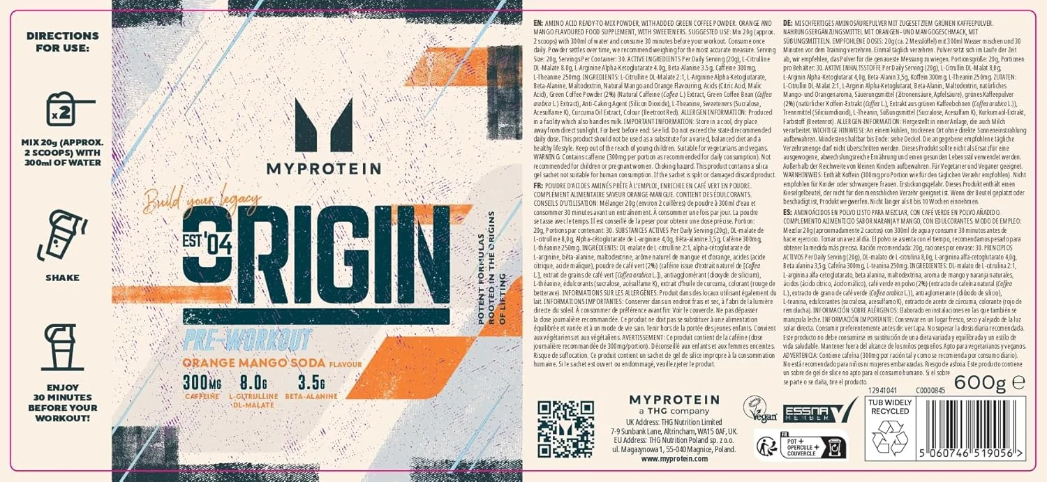 پودر انرژی زا قبل از تمرین Myprotein Origin با بتا آلانین و کافئین - طعم پرتقال و انبه - 600 گرم پودر انرژی زا قبل از تمرین Myprotein Origin با بتا آلانین و کافئین - طعم پرتقال و انبه - 600 گرم