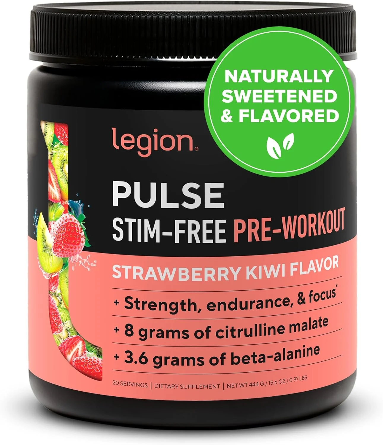 مکمل پیش از تمرین LEGION Pulse - نوشیدنی پیش از تمرین اکسید نیتریک کاملا طبیعی، بدون کراتین، شیرین شده طبیعی، بتا آلانین، سیترولین، آلفا GPC (بدون کافئین با طعم توت فرنگی کیوی)