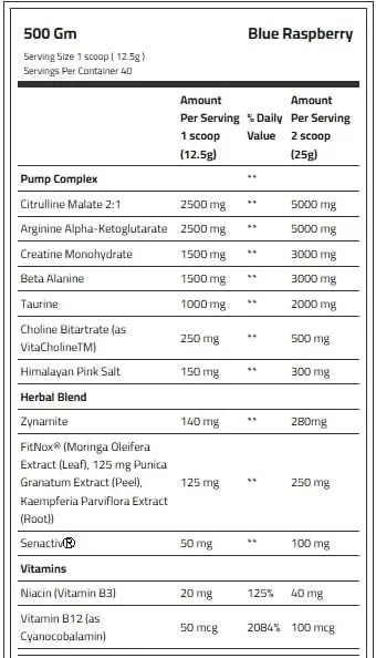 مکمل پیش از تمرین بدون محرک تریپل پاور لاپروا - (طعم تمشک آبی - 500 گرم، 40 سروینگ) - فرمول بدون کافئین با ال-سیترولین، بتا آلانین، کراتین و تورین - افزایش پمپ، استقامت، تمرکز.