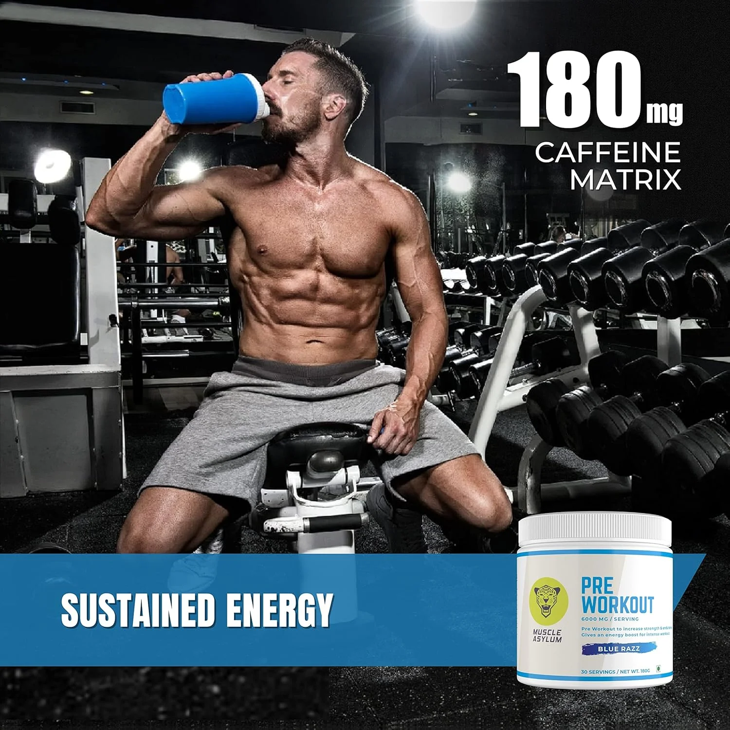 پودر مکمل قبل از تمرین Muscle Asylum | 180 گرم، 30 سروینگ | بلورزبری | دارای گزارش آزمایشگاهی معتبر | افزایش انرژی و استقامت | بهبود تمرکز | تسریع ریکاوری | 1 گرم BCAA | 3 گرم بتا آلانین | حاوی 1.5 گرم کافئین