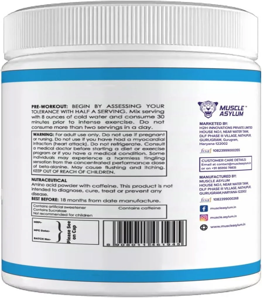 پودر مکمل قبل از تمرین Muscle Asylum | 180 گرم، 30 سروینگ | بلورزبری | دارای گزارش آزمایشگاهی معتبر | افزایش انرژی و استقامت | بهبود تمرکز | تسریع ریکاوری | 1 گرم BCAA | 3 گرم بتا آلانین | حاوی 1.5 گرم کافئین