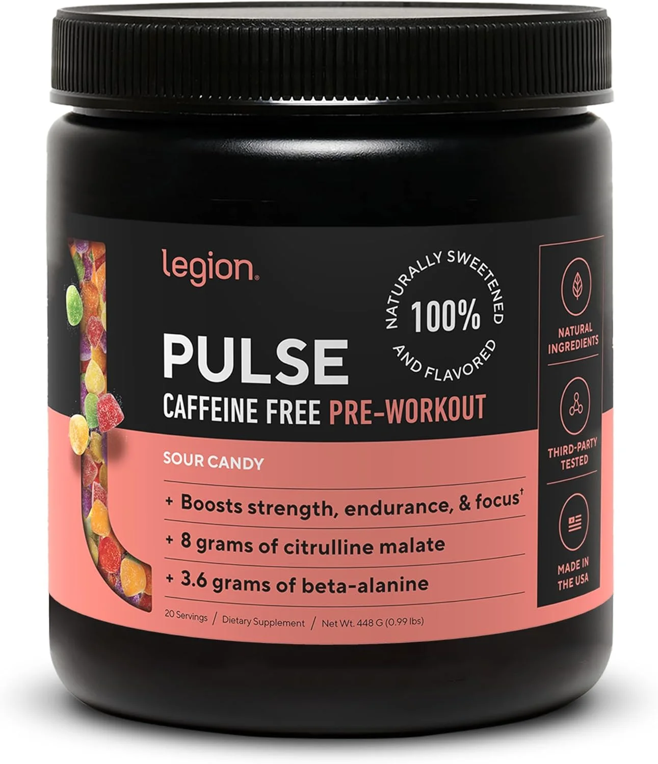 مکمل پیش از تمرین LEGION Pulse - نوشیدنی پیش از تمرین نیتریک اکسید کاملا طبیعی برای افزایش انرژی، بدون کراتین، شیرین شده طبیعی، بتا آلانین، سیترولین، آلفا GPC (آبنبات ترش بدون کافئین)