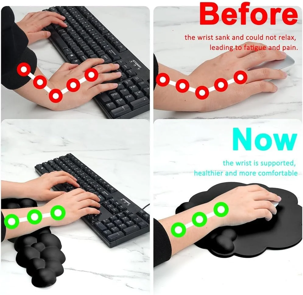 ست زیر مچی کیبورد برای کامپیوتر، پد ماوس ابری شکل فانتزی با پشتیبانی مچ دست برای بازی، زیر آرنج ارگونومیک برای میز لپ تاپ اداری و خانگی مشکی (مشکی)