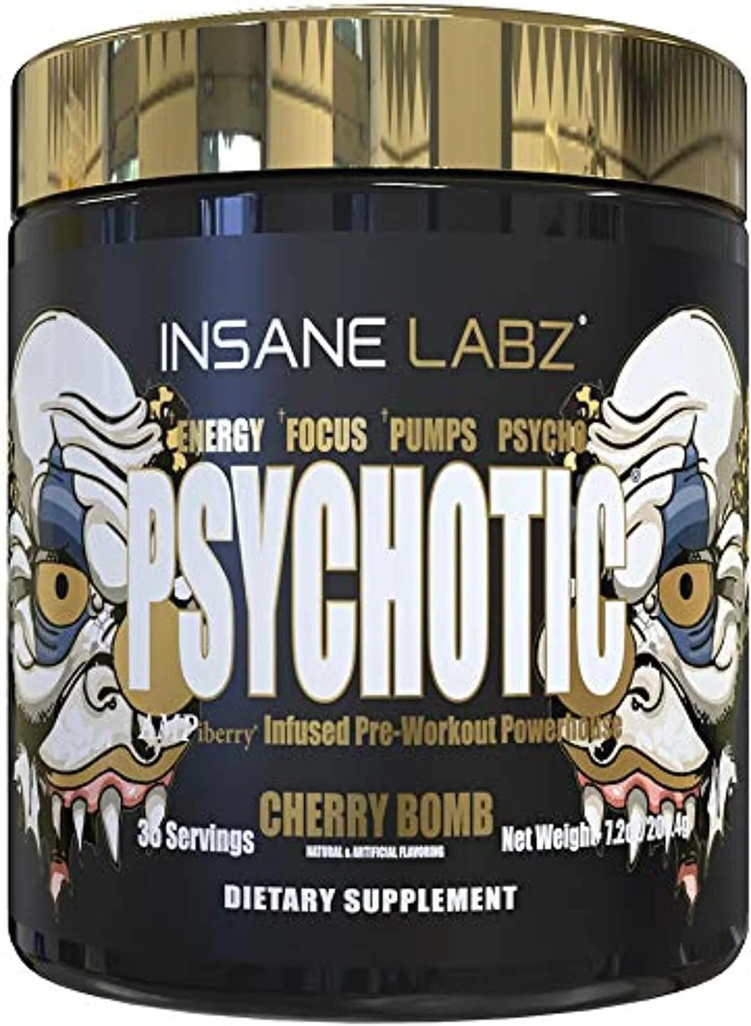 پودر پیش تمرینی محرک قوی Insane Labz Psychotic Gold، انرژی ماندگار فوق العاده، تمرکز، پمپ و استقامت با بتا آلانین، DMAE Bitartrate، سیترولین، تقویت کننده NO، 35 سروینگ، (Cherry Bomb)