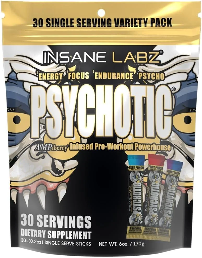 پودر پیش تمرین محرک قوی Insane Labz Psychotic Gold، انرژی ماندگار فوق العاده، تمرکز، پمپ و استقامت با بتا آلانین، DMAE Bitartrate، سیترولین، تقویت کننده NO، (متنوع، 30 سروینگ)