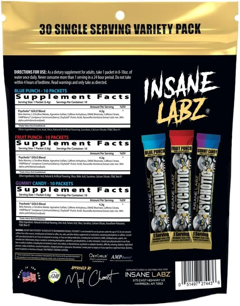 پودر پیش تمرین محرک قوی Insane Labz Psychotic Gold، انرژی ماندگار فوق العاده، تمرکز، پمپ و استقامت با بتا آلانین، DMAE Bitartrate، سیترولین، تقویت کننده NO، (متنوع، 30 سروینگ) پودر پیش تمرین محرک قوی Insane Labz Psychotic Gold، انرژی ماندگار فوق العاده، تمرکز، پمپ و استقامت با بتا آلانین، DMAE Bitartrate، سیترولین، تقویت کننده NO، (متنوع، 30 سروینگ)