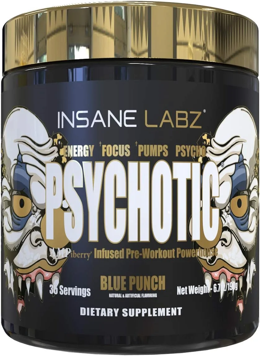 پودر پیش تمرینی محرک قوی Insane Labz Psychotic Gold، انرژی ماندگار و شدید، تمرکز، پمپ و استقامت به همراه بتا آلانین، DMAE Bitartrate، سیترولین، تقویت کننده NO، 35 سروینگ، پانچ آبی