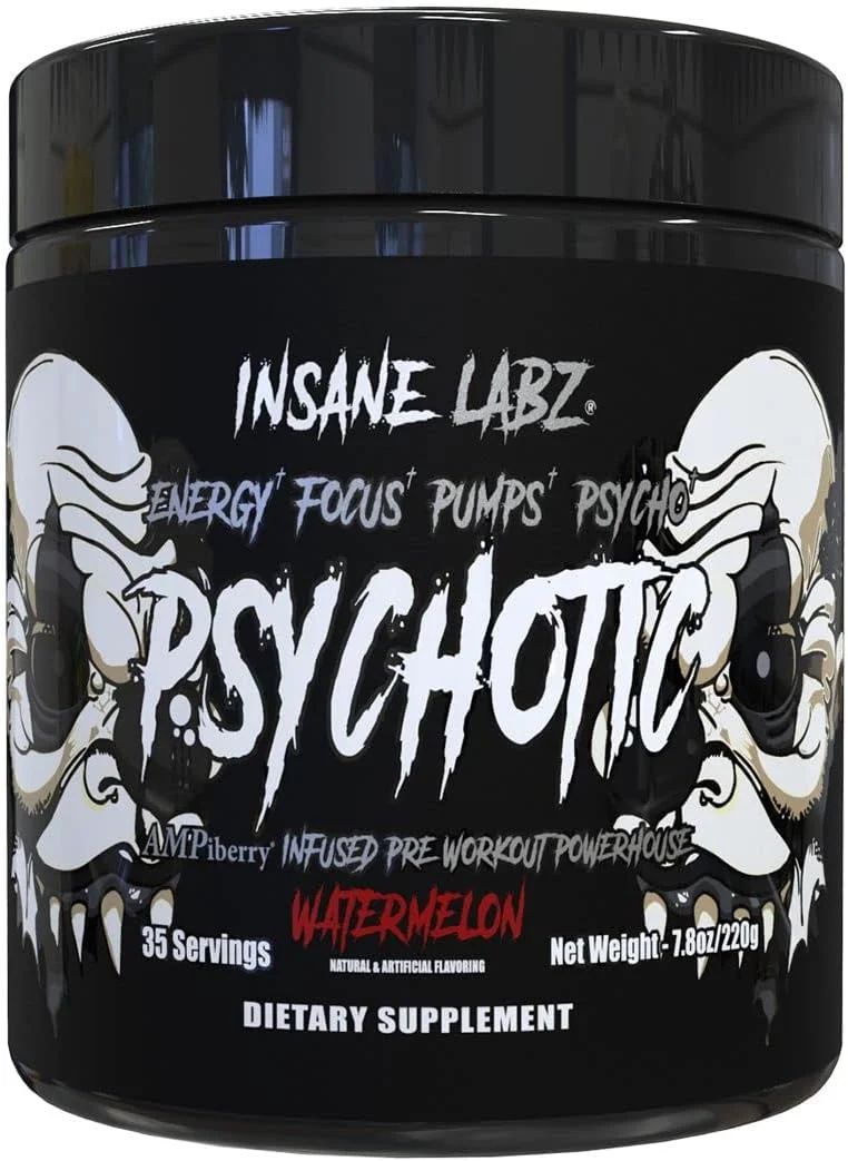 پودر پیش تمرین محرک متوسط Insane Labz Psychotic Black Edition، انرژی، تمرکز، پمپ، دارای کراتین، بتا آلانین، تورین، سوخت رسانی شده توسط AMPiberry، 35 سروینگ (هندوانه)