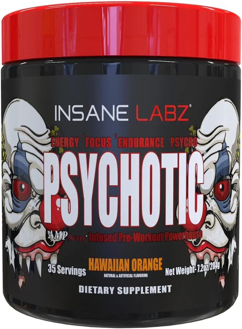 پودر پیش تمرینی محرک قوی Insane Labz Psychotic، انرژی ماندگار و شدید، تمرکز و استقامت با بتا آلانین، کراتین مونوهیدرات DMAE، 35 سروینگ (پرتقال هاوایی)