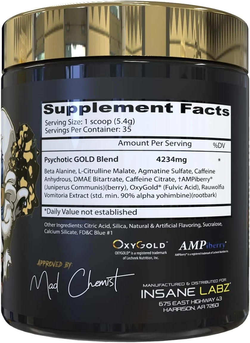 پودر پیش تمرینی محرک قوی Insane Labz Psychotic Gold، انرژی ماندگار و شدید، تمرکز، پمپ و استقامت به همراه بتا آلانین، DMAE Bitartrate، سیترولین، تقویت کننده NO، 35 سروینگ، پانچ آبی پودر پیش تمرینی محرک قوی Insane Labz Psychotic Gold، انرژی ماندگار و شدید، تمرکز، پمپ و استقامت به همراه بتا آلانین، DMAE Bitartrate، سیترولین، تقویت کننده NO، 35 سروینگ، پانچ آبی