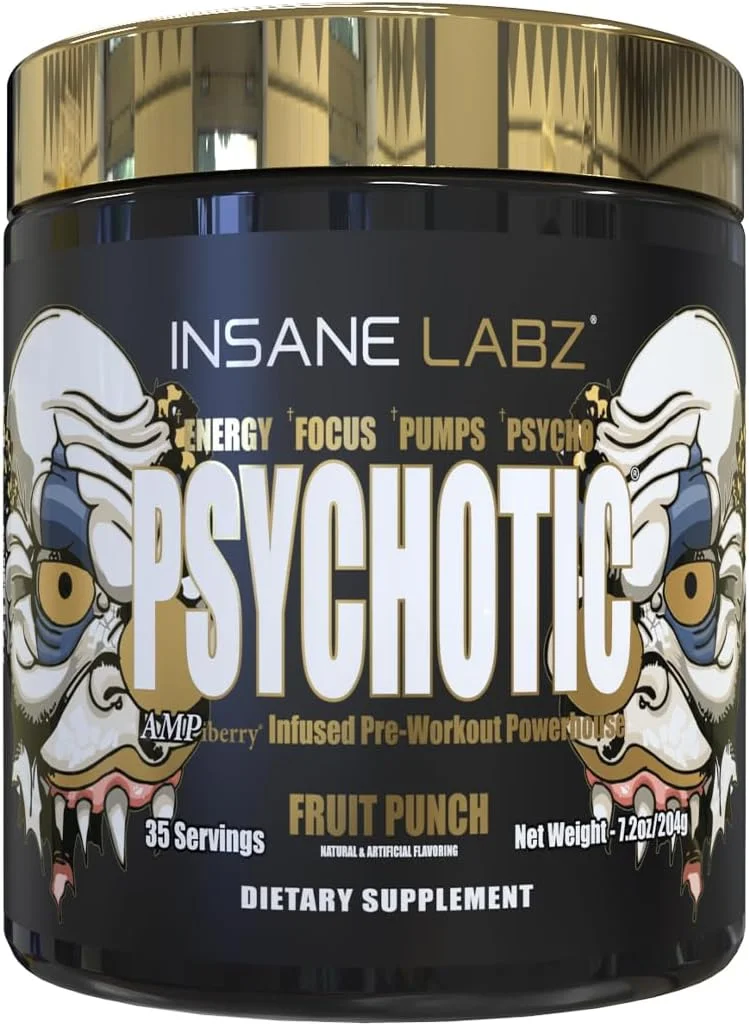 پودر پیش تمرین محرک قوی Insane Labz Psychotic Gold، انرژی ماندگار فوق العاده، تمرکز، پمپ و استقامت با بتا آلانین، DMAE Bitartrate، تقویت کننده NO