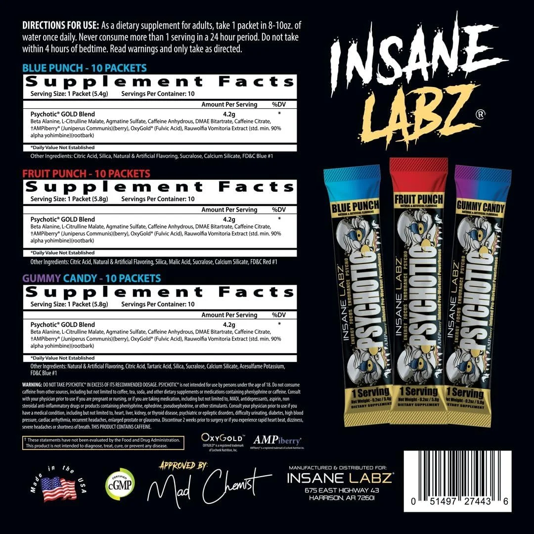 پودر پیش تمرین محرک قوی Insane Labz Psychotic Gold، انرژی ماندگار فوق العاده، تمرکز، پمپ و استقامت با بتا آلانین، DMAE Bitartrate، سیترولین، تقویت کننده NO، (متنوع، 30 سروینگ) پودر پیش تمرین محرک قوی Insane Labz Psychotic Gold، انرژی ماندگار فوق العاده، تمرکز، پمپ و استقامت با بتا آلانین، DMAE Bitartrate، سیترولین، تقویت کننده NO، (متنوع، 30 سروینگ)