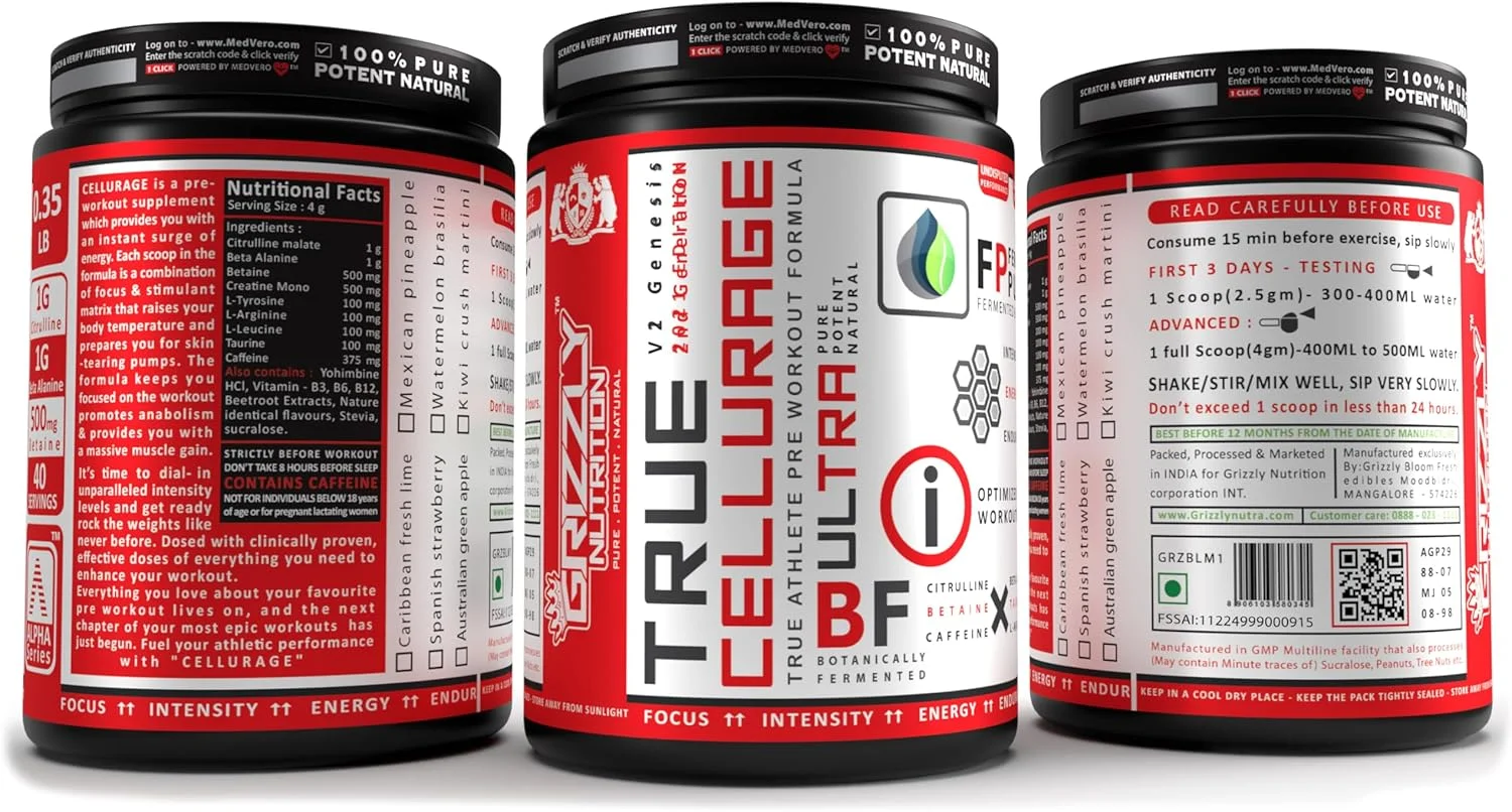 گریزلی نوتریشن، ترو سلوراژ، مکمل قبل از تمرین V2021، تا 65 سروینگ، سیترولین، بتا آلانین، کافئین + 13 تقویت کننده عملکرد، 160 گرم (هندوانه برازیلیا)