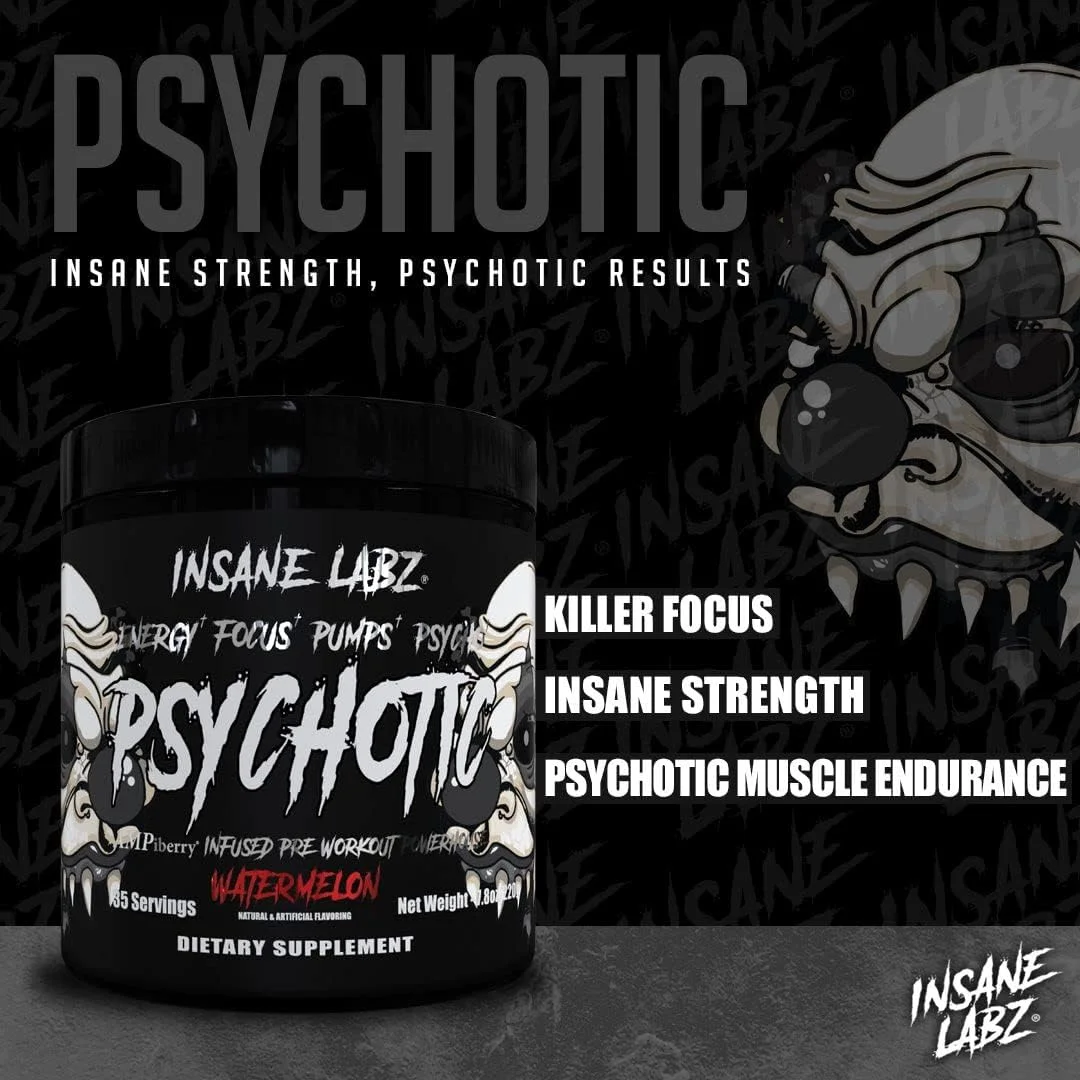 پودر پیش تمرین محرک متوسط Insane Labz Psychotic Black Edition، انرژی، تمرکز، پمپ، دارای کراتین، بتا آلانین، تورین، سوخت رسانی شده توسط AMPiberry، 35 سروینگ (هندوانه) پودر پیش تمرین محرک متوسط Insane Labz Psychotic Black Edition، انرژی، تمرکز، پمپ، دارای کراتین، بتا آلانین، تورین، سوخت رسانی شده توسط AMPiberry، 35 سروینگ (هندوانه)