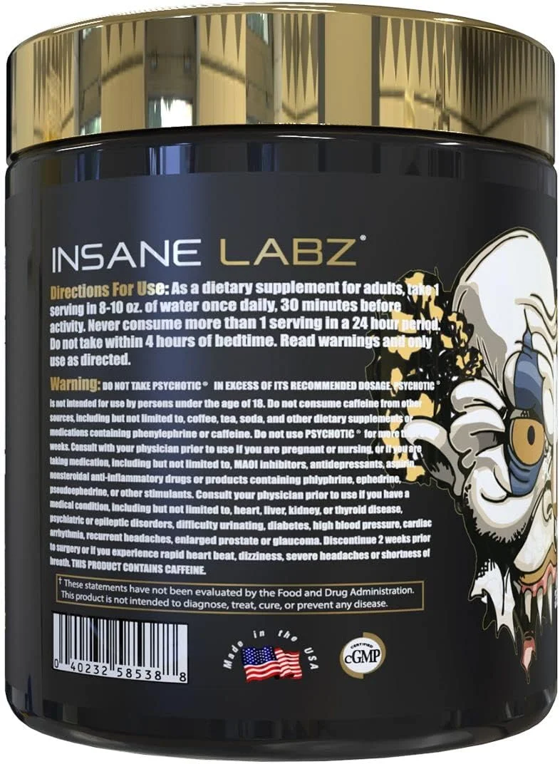 پودر پیش تمرین محرک قوی Insane Labz Psychotic Gold، انرژی ماندگار فوق العاده، تمرکز، پمپ و استقامت با بتا آلانین، DMAE Bitartrate، تقویت کننده NO پودر پیش تمرین محرک قوی Insane Labz Psychotic Gold، انرژی ماندگار فوق العاده، تمرکز، پمپ و استقامت با بتا آلانین، DMAE Bitartrate، تقویت کننده NO