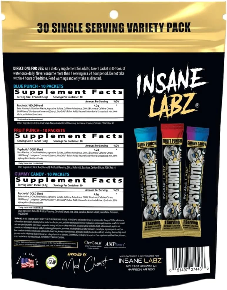 پودر پیش تمرین محرک قوی Insane Labz Psychotic Gold، انرژی ماندگار فوق العاده، تمرکز، پمپ و استقامت با بتا آلانین، DMAE Bitartrate، سیترولین، تقویت کننده NO، (متنوع، 30 سروینگ) پودر پیش تمرین محرک قوی Insane Labz Psychotic Gold، انرژی ماندگار فوق العاده، تمرکز، پمپ و استقامت با بتا آلانین، DMAE Bitartrate، سیترولین، تقویت کننده NO، (متنوع، 30 سروینگ)