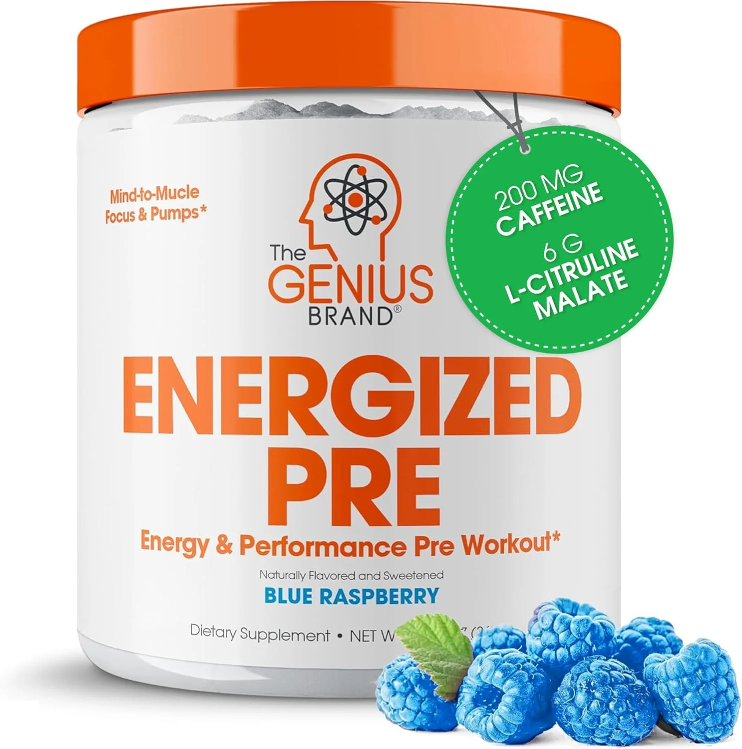 پودر مکمل قبل از تمرین Genius Energized - مکمل تقویت کننده قبل از تمرین با کافئین با بتا آلانین و آلفا GPC، بدون شیرین کننده های مصنوعی یا رنگ - 200 میلی گرم کافئین، 20 سروینگ، تمشک آبی