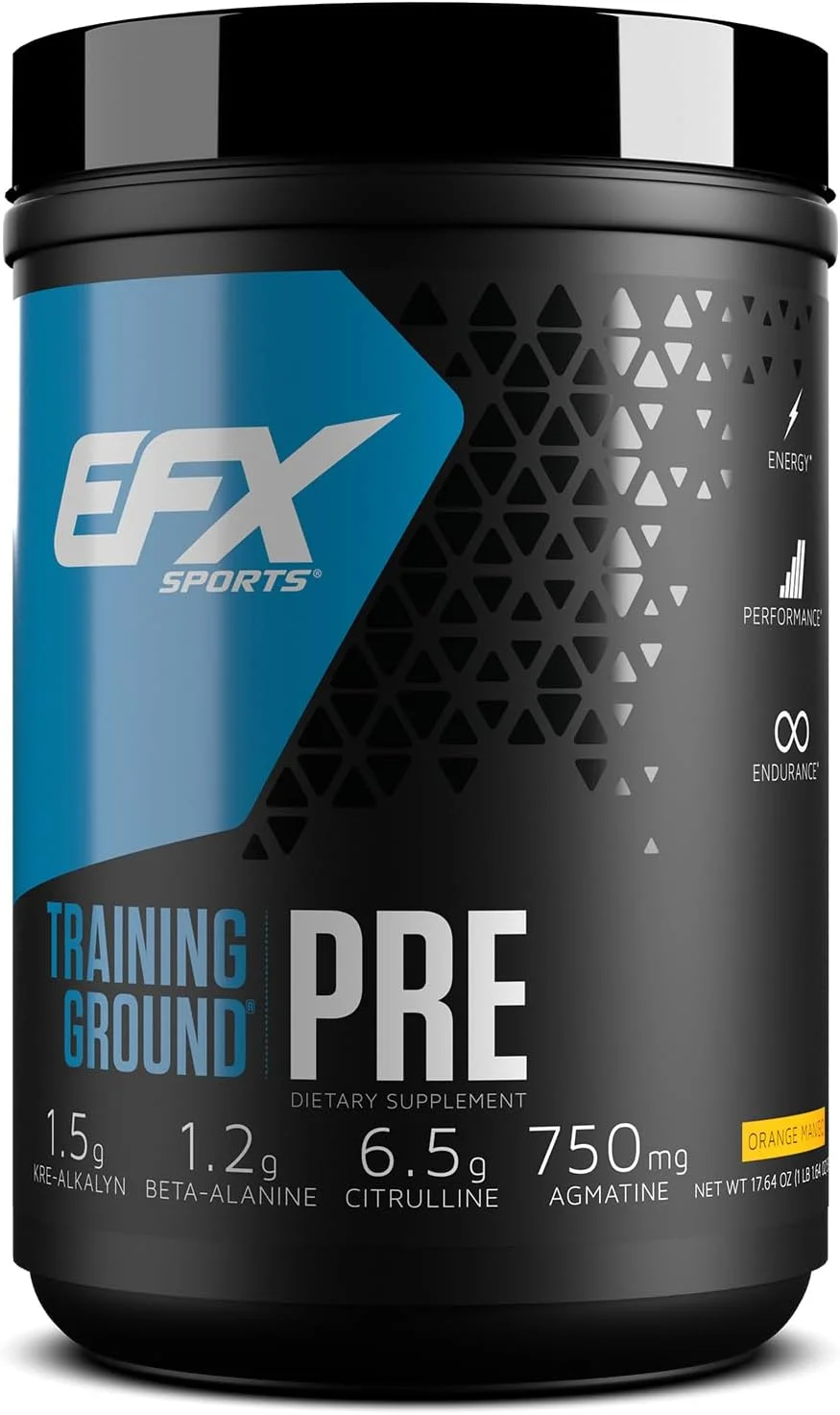 مکمل قبل از تمرین EFX SPORTS Training Ground با طعم انبه پرتقالی، حاوی 6.5 گرم سیترولین، 2.5 گرم گلیسرول HydroMax، 1.2 گرم بتا آلانین و 1.5 گرم تیروزین