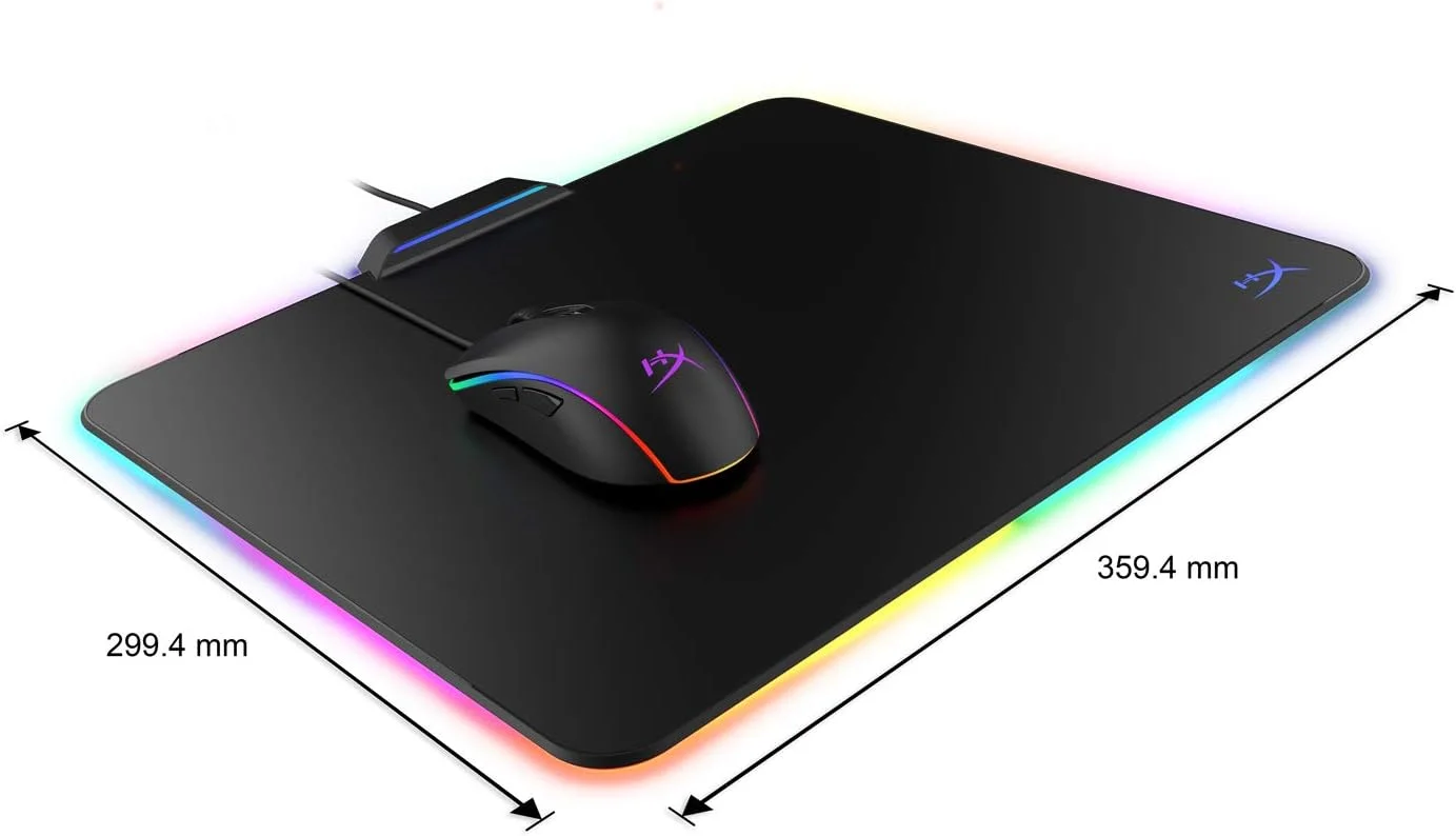 ماوس پد گیمینگ RGB هایپرایکس Fury Ultra - سایز متوسط، نورپردازی RGB 360 درجه، 20 ناحیه LED RGB، سطح سخت با اصطکاک کم، پایه لاستیکی ضد لغزش، مشکی
