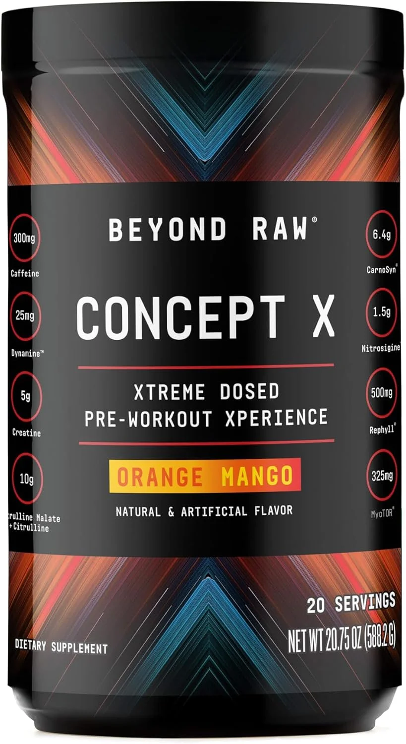 پودر پیش تمرینی با دوز بالینی BEYOND RAW Concept X، حاوی کافئین، ال-سیترولین، کراتین و بتا آلانین، طعم انبه پرتقالی، 20 سروینگ