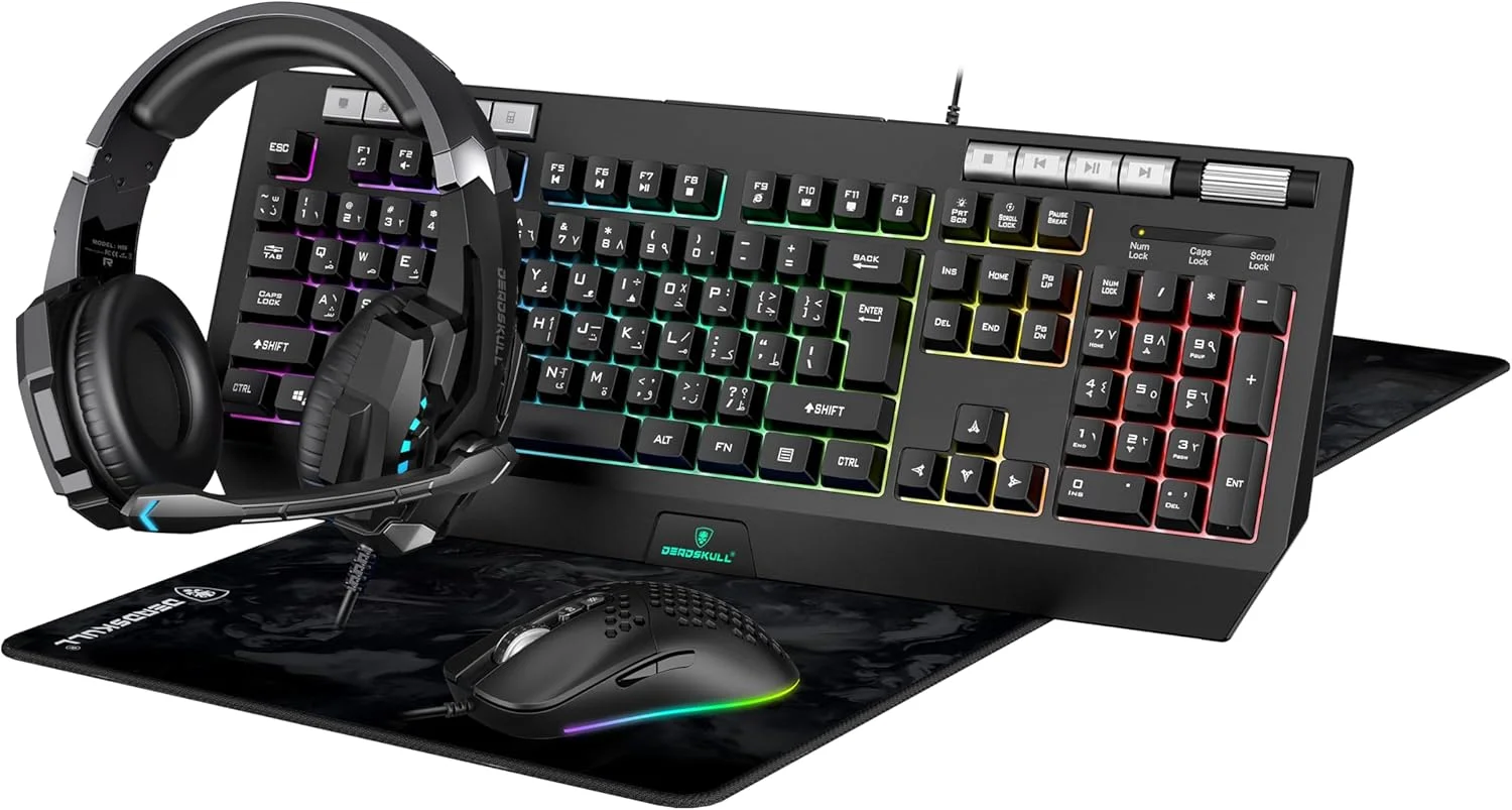 ست ترکیبی گیمینگ 4 در 1 DEADSKULL C880، کیبورد RGB با کنترل نور پس زمینه، ماوس گیمینگ، هدست LED و ماوس پد XL، مشکی