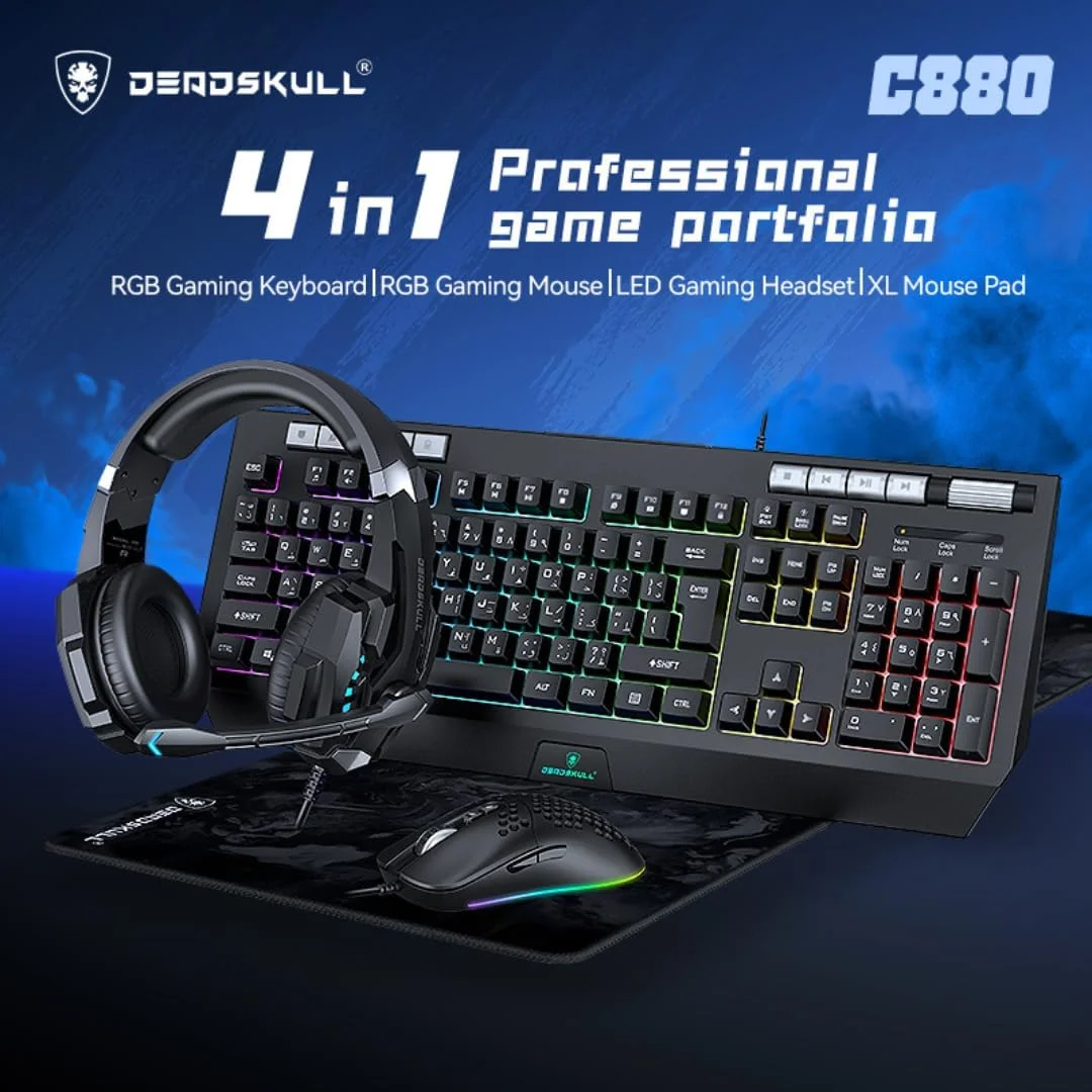 ست ترکیبی گیمینگ 4 در 1 DEADSKULL C880، کیبورد RGB با کنترل نور پس زمینه، ماوس گیمینگ، هدست LED و ماوس پد XL، مشکی