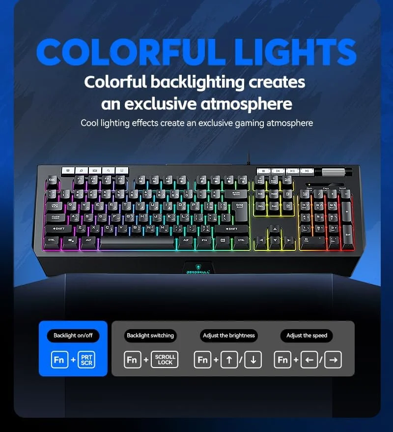 ست ترکیبی گیمینگ 4 در 1 DEADSKULL C880، کیبورد RGB با کنترل نور پس زمینه، ماوس گیمینگ، هدست LED و ماوس پد XL، مشکی